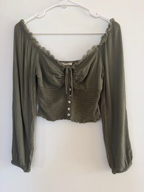 Crop Top Olive Lace-Trim Smocked